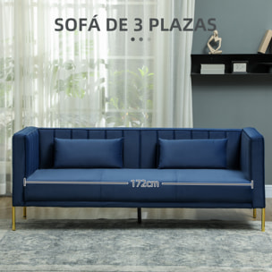 Sofá de 3 Plazas Sofá de Salón de 194,5 cm Tapizado en Terciopelo con 2 Almohadas Reposabrazos y Patas Doradas para Sala de Estar Azul Marino