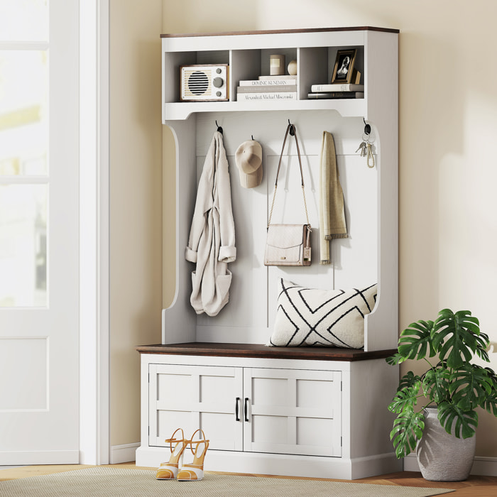 Perchero Zapatero, Perchero Entrada Recibidor con Banco Zapatero 5 Ganchos 3 Estantes Armario y Compartimentos Estilo Rústico para Pasillo Dormitorio Salón 105x40x180 cm Blanco