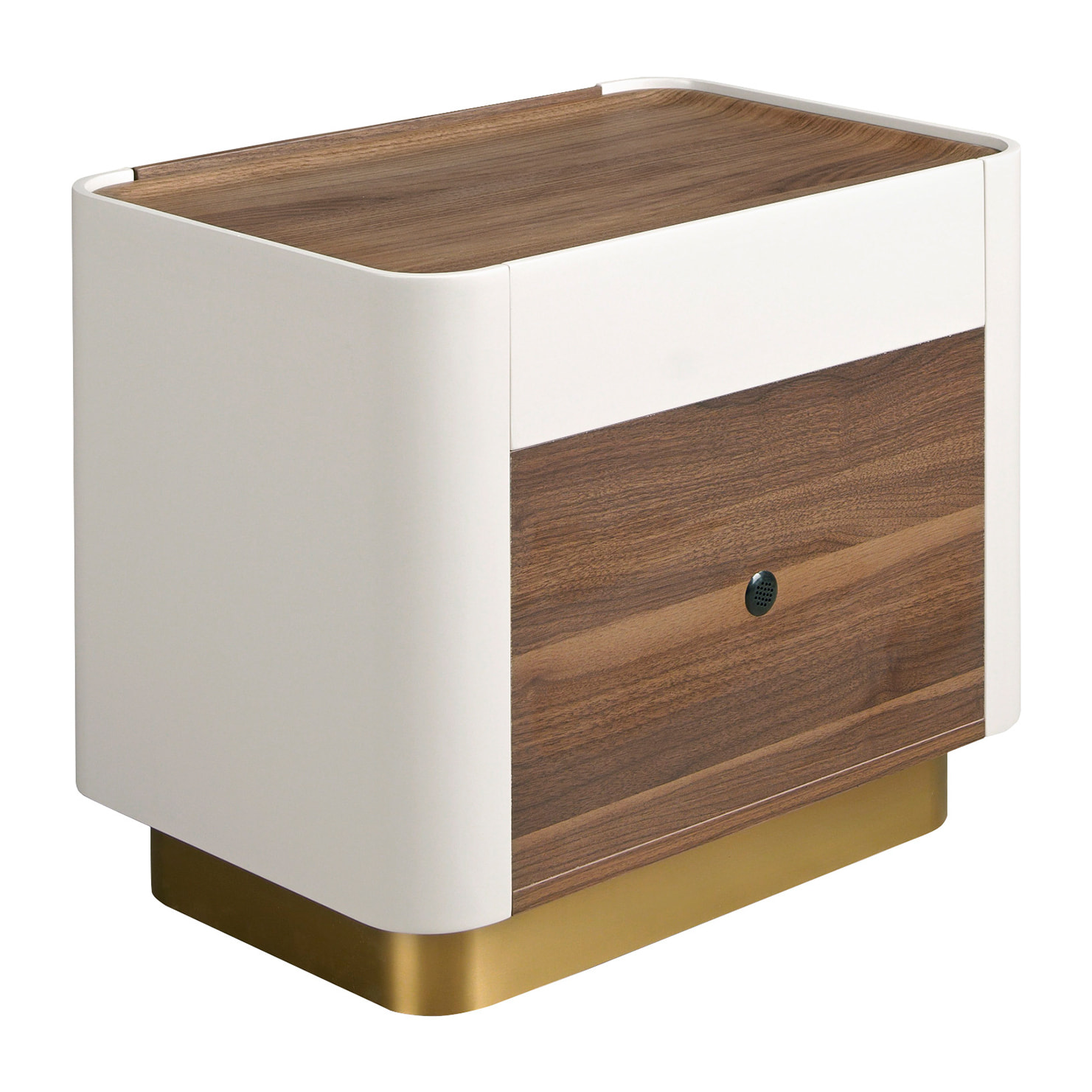 Mesita de noche con estructura de madera chapada en nogal natural y madera MDF lacada en beige base de acero inoxidable pulido en dorado 60x42x50cm