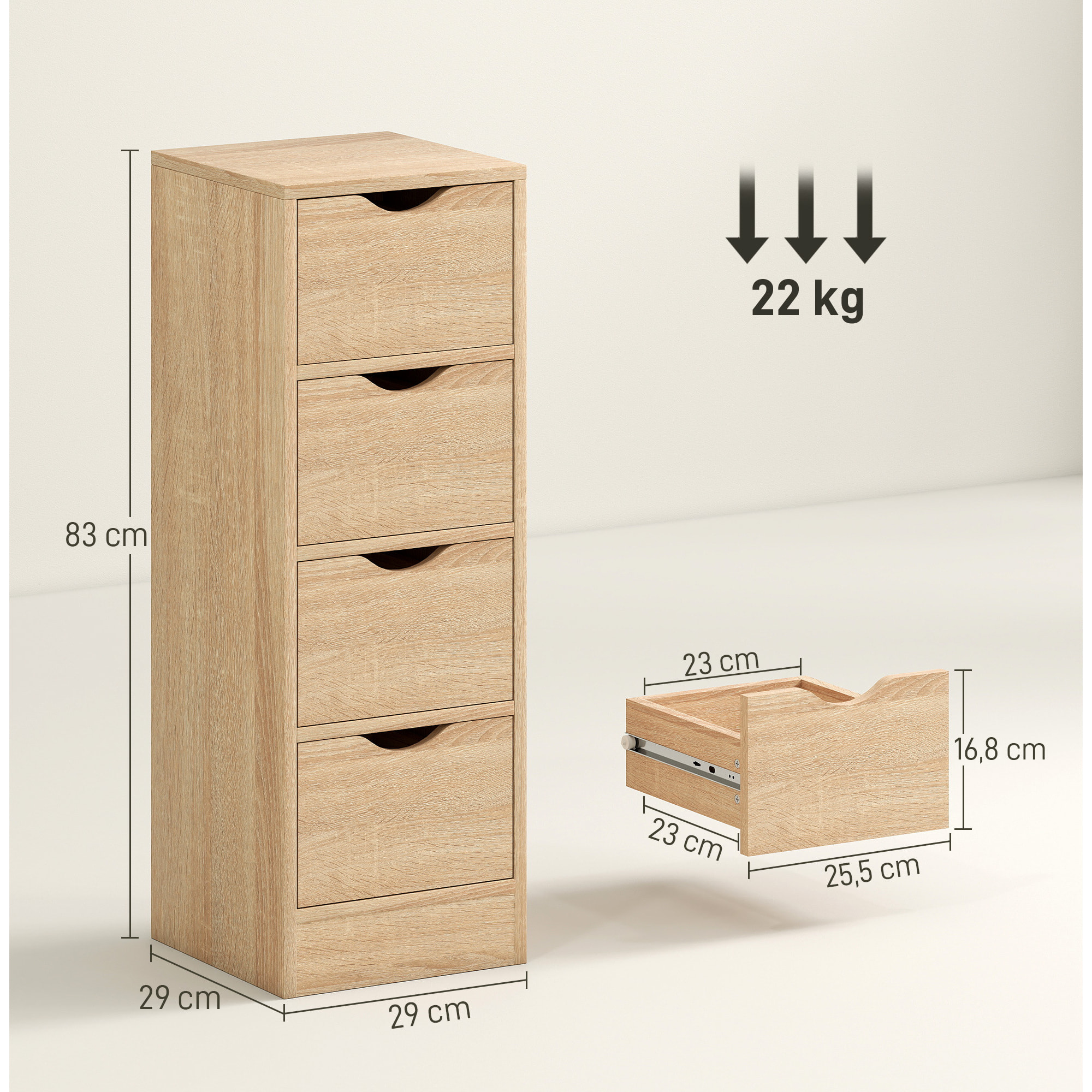 Armario de Baño Estrecho, Mueble Auxiliar de Baño con 4 Cajones y Asas Ranuradas, para Espacios Reducidos, 29x29x83 cm, Madera Natural