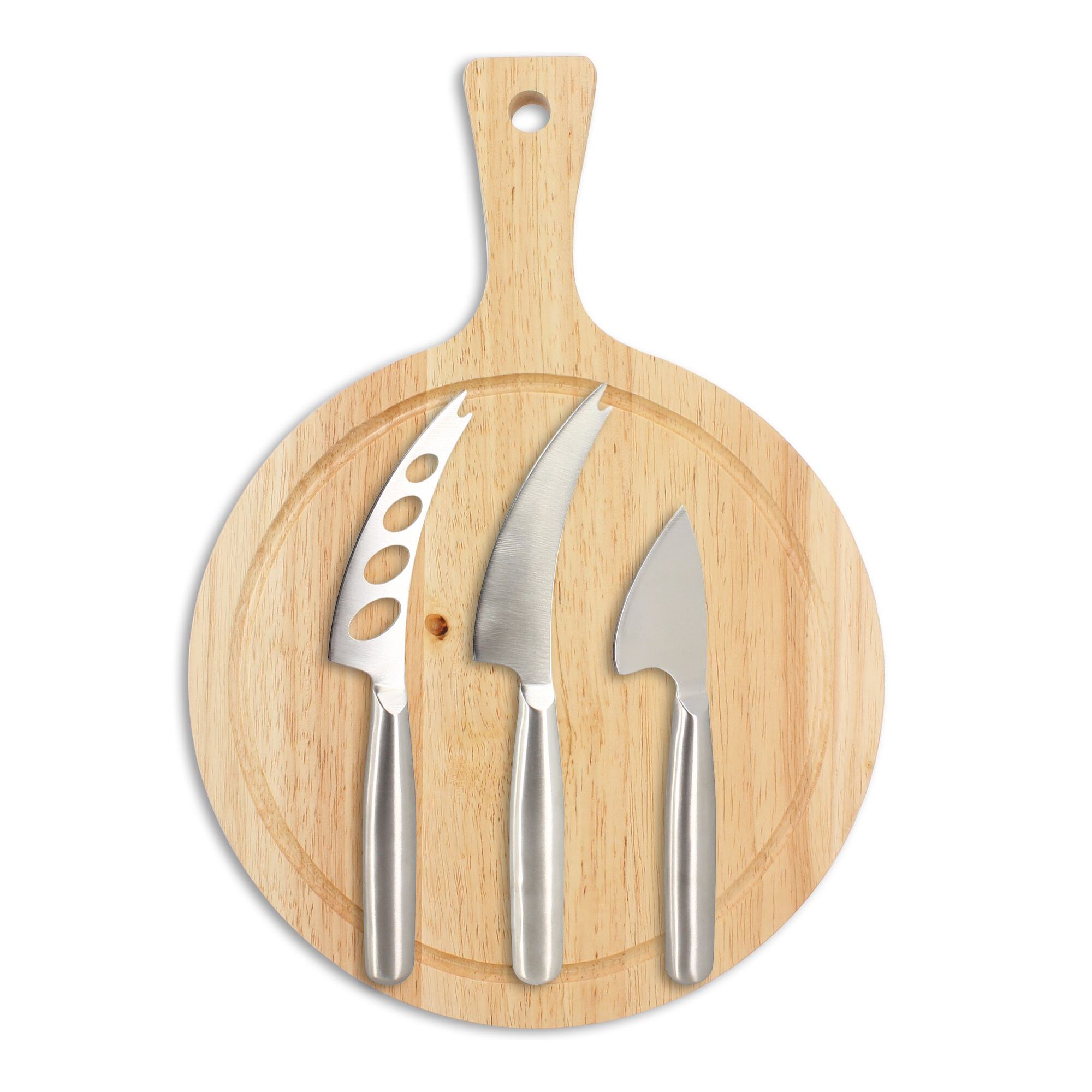 Planche à découper ronde et 3 couteaux à fromage