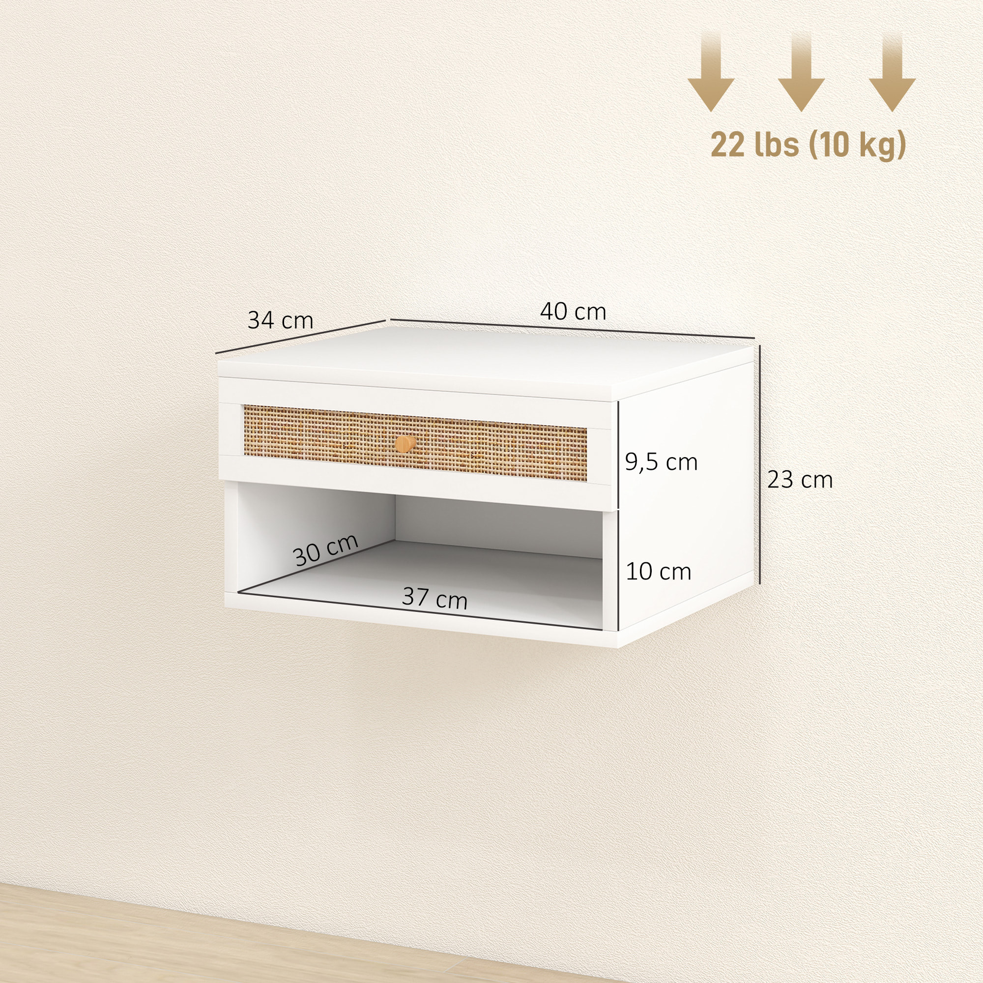Juego de 2 Mesitas de Noche Flotantes de Pared con Cajón de Ratán y Estante Abierto, Mesillas de Noche Dormitorio de Estilo Nórdico, para Sala de Estar, 40x34x23 cm, Blanco