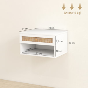 Juego de 2 Mesitas de Noche Flotantes de Pared con Cajón de Ratán y Estante Abierto, Mesillas de Noche Dormitorio de Estilo Nórdico, para Sala de Estar, 40x34x23 cm, Blanco
