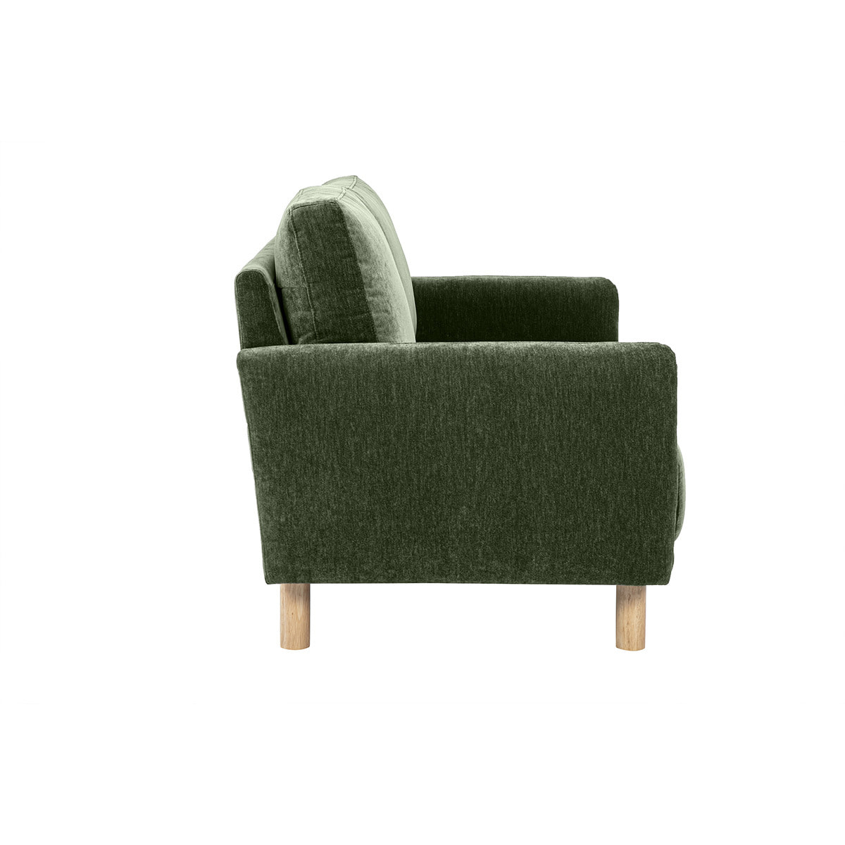 Canapé design 2 places en tissu effet velours vert kaki et bois clair BONO