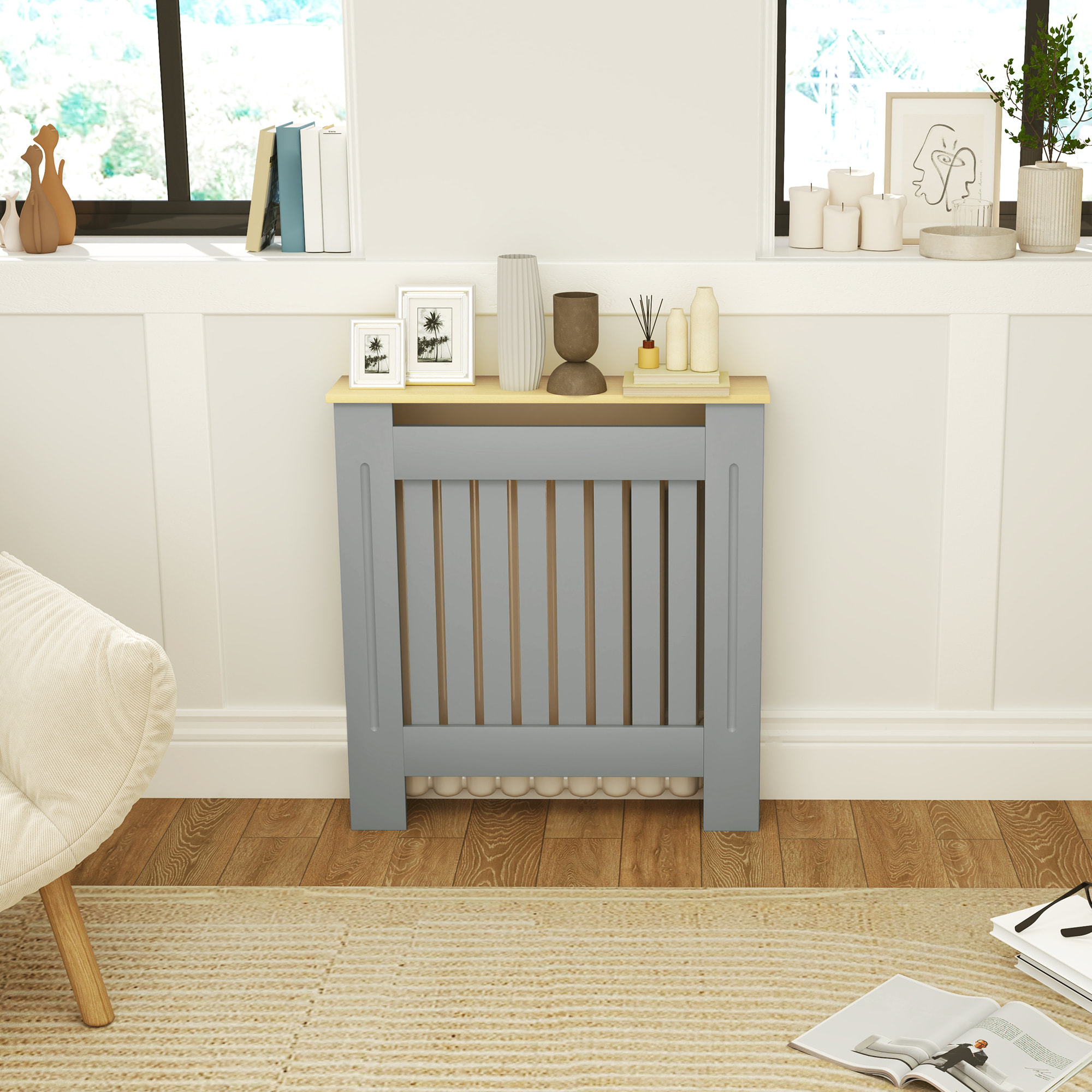 Cubre Radiadores Cubreradiador de MDF Cubierta para Radiador para Salón Dormitorio Pasillo 78x19x83 cm Gris y Roble