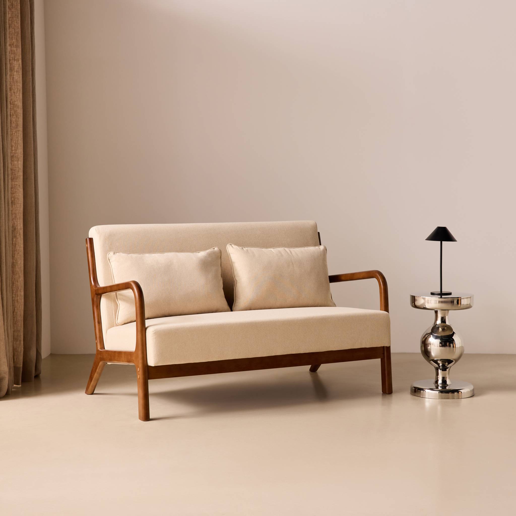 Banquette scandinave 2 places bois d'hévéa teinté noyer clair et tissu LORENS