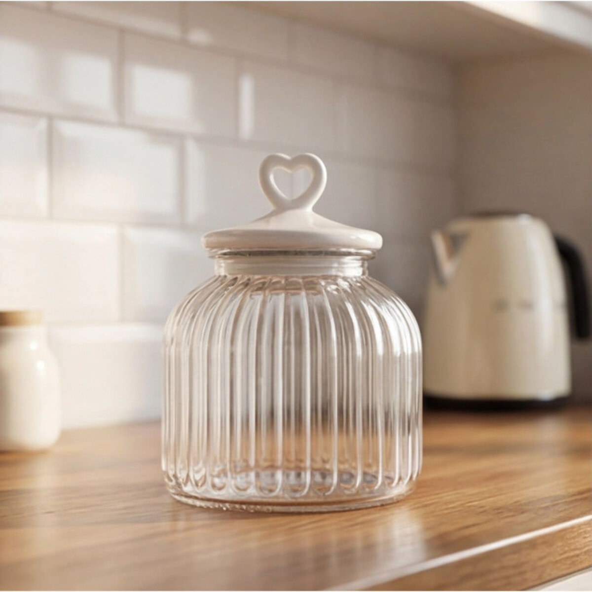 Barattolo in vetro con tappo in ceramica a cuore, contenitore alimenti trasparente, ideale per zucchero caffè biscotti e pasta, design elegante e pratico, organizer cucina resistente, facile da pulire