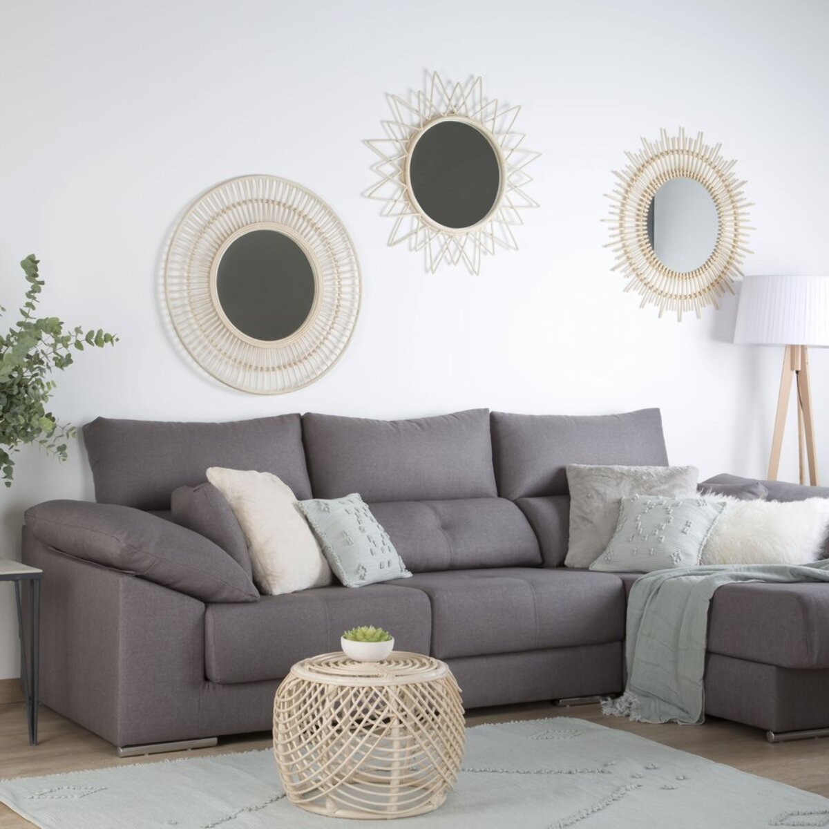 Aveiro miroir rond mural en rotin naturel