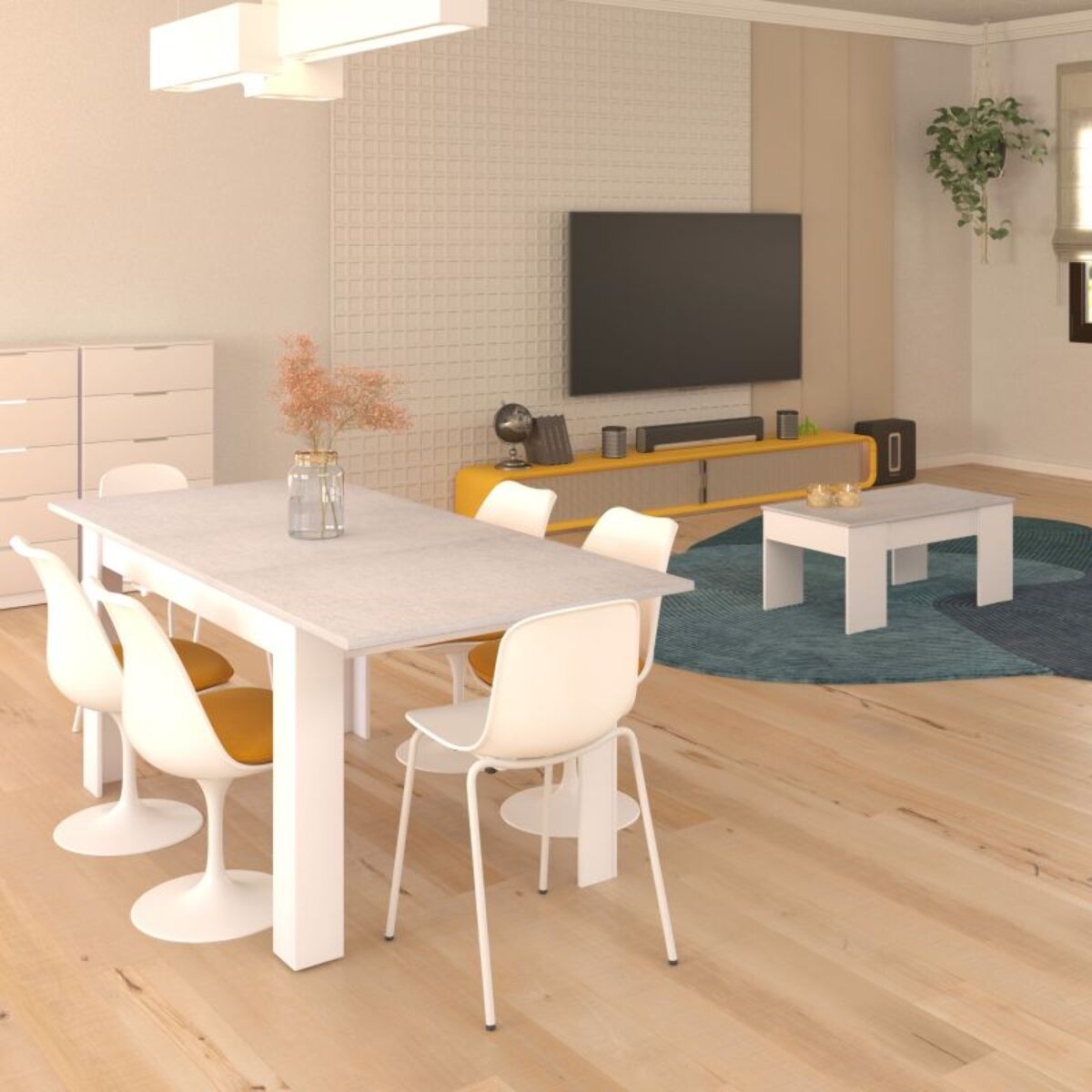 Pack mesa de comedor 140 y mesa de centro Vita Blanco Artik (Blanco Mate) - Gris Cemento