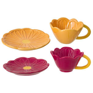 J-Line Tasse à Thé + Sous-tasse Fleur - porcelaine - rouge foncé/jaune chaud - 2 pièces