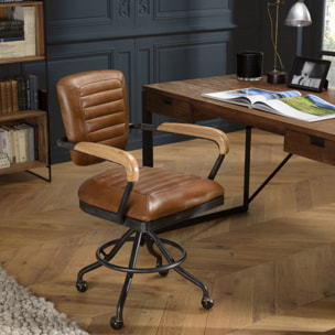 GASTON - Fauteuil DESK vintage cuir marron et métal noir à roulettes accoudoirs en bois