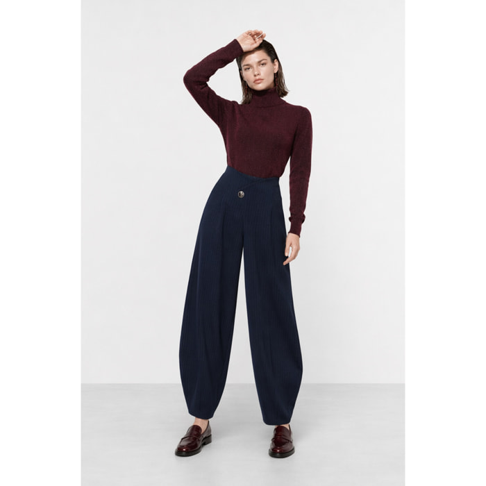 Kocca - Pantaloni gessati a gamba larga con chiusura asimmetrica Donna