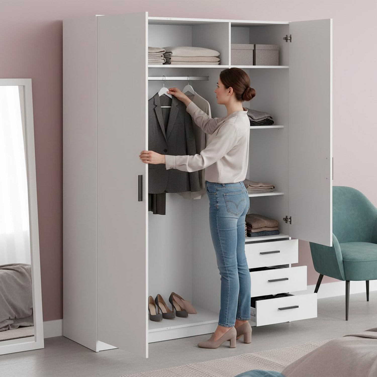 Armadio Con 3 Ante R 3 Cassetti Barra Appendiabiti E 4 Ripiani Di Cui 2 Regolabili Design Moderno Capiente Camera Letto  147 x 49.8 x 200.4 Cm Bianco