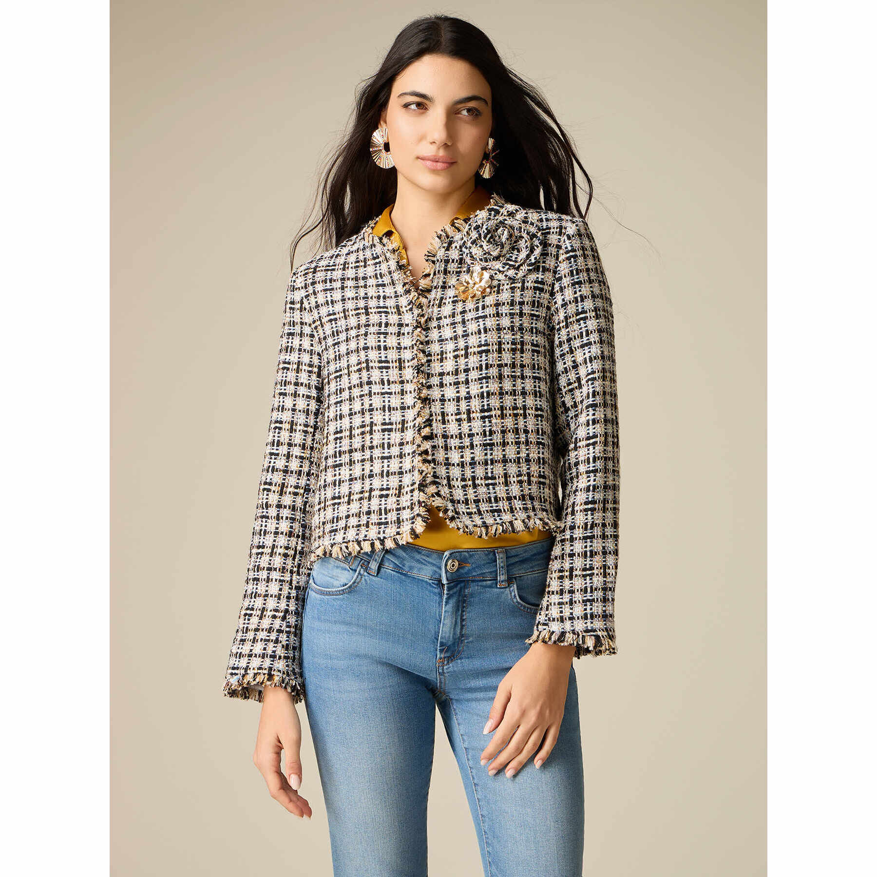 Oltre - Giacca corta in tweed con spilla - Oro