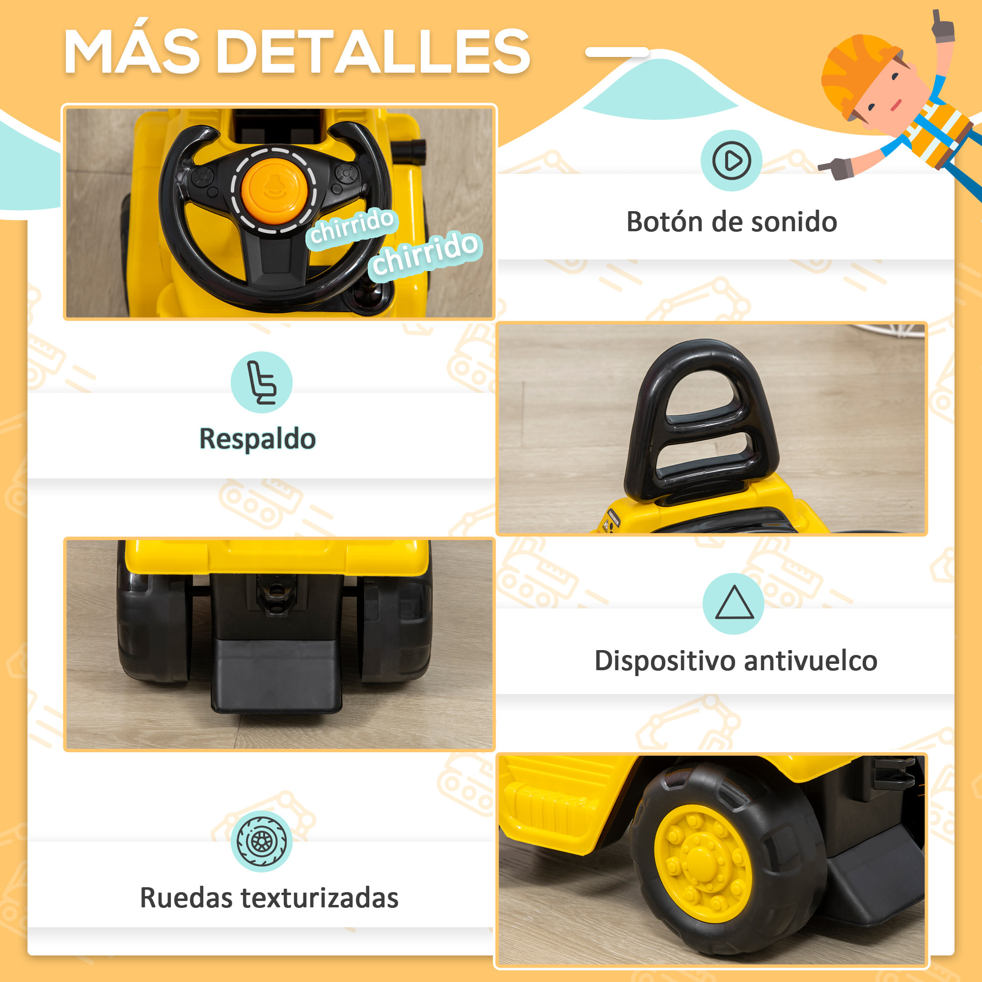 Tractor sin Pedales para Niños de +3 Años Carretilla Elevadora de Juguete con Horquilla Móvil Bocina y Asiento de Alamcenaje Oculto Carga 30 kg 86x27,5x47,5 cm Amarillo