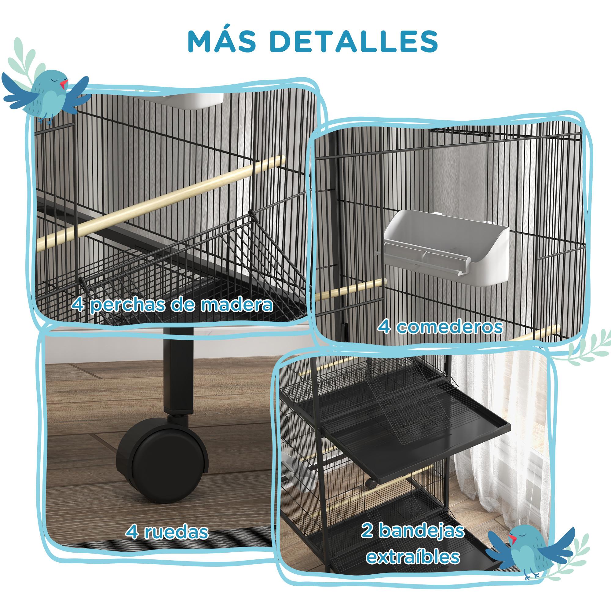 Jaula para Pájaros 2 en 1 Grande de 2 Pisos Convertible en Sola Jaula con Ruedas 4 Comederos 4 Perchas y Bandejas Extraíbles para Canarios Loros 78x75x168 cm Negro