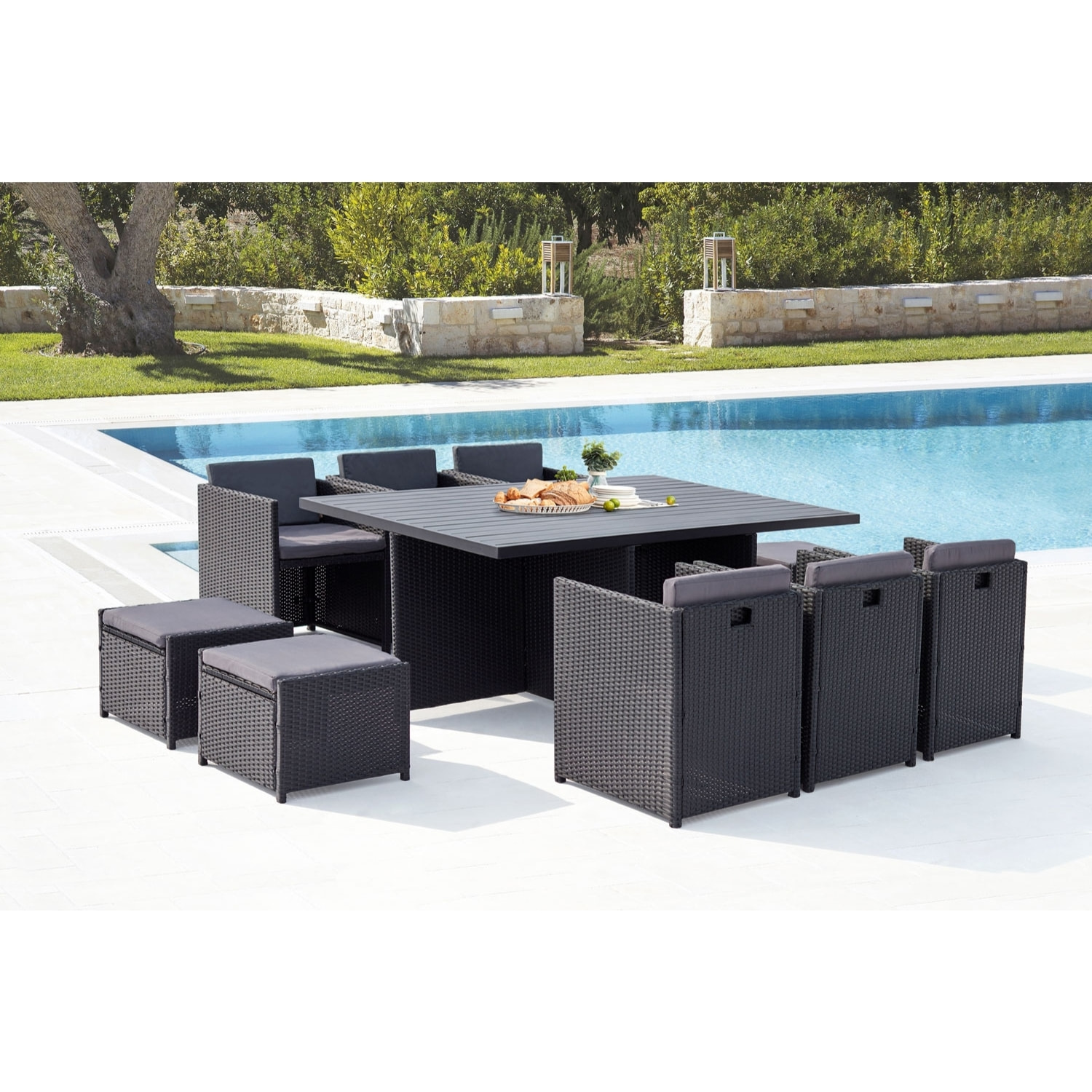 Table et chaise 10 places encastrables alu résine noir-gris ABASA