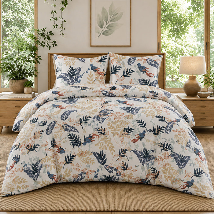 Parure housse de couette 100% percale de coton motif topical feuillage et oiseaux - Oizel
