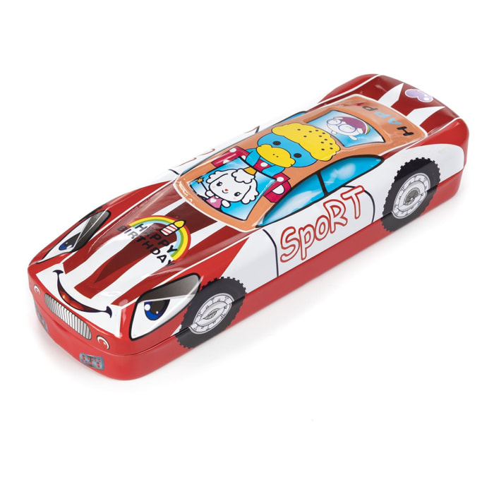 Estuche portatodo infantil metálico diseño coche de carreras 3D.