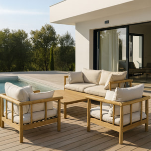 Salon de jardin en bois d'eucalyptus et coussins gris 4 places NOSARA