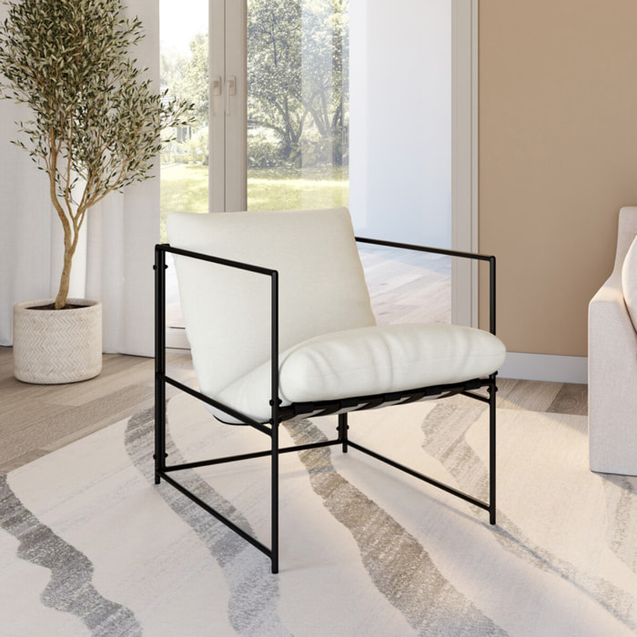 Fauteuil Penelope en tissu blanc et pieds métal noirs