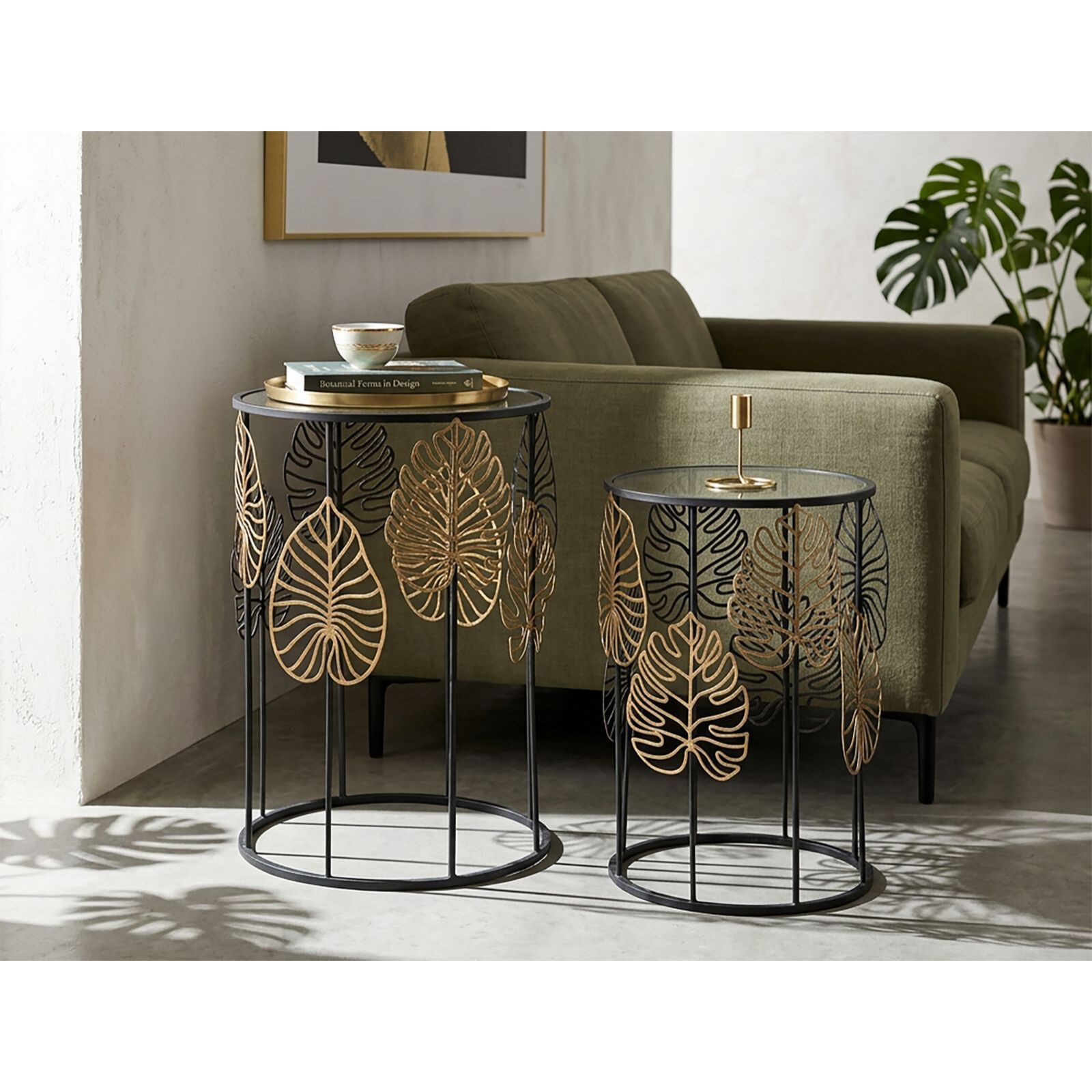 TAVOLINETTI FOGLIE GLAM COPPIA CM Ø 38X55-33X50