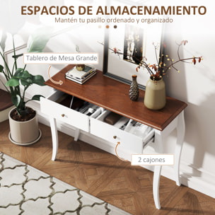 Mesa de Consola Mesa de Entrada con 2 Cajones Consola para Recibidor Estilo Francés para Pasillo Dormitorio Salón 100x35x76,5 cm Blanco y Marrón Oscuro