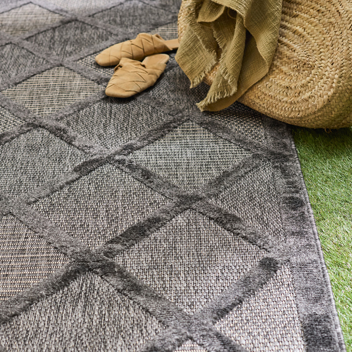 SANTORINI - Tapis d'intérieur/extérieur à motifs en relief berbère - Noir