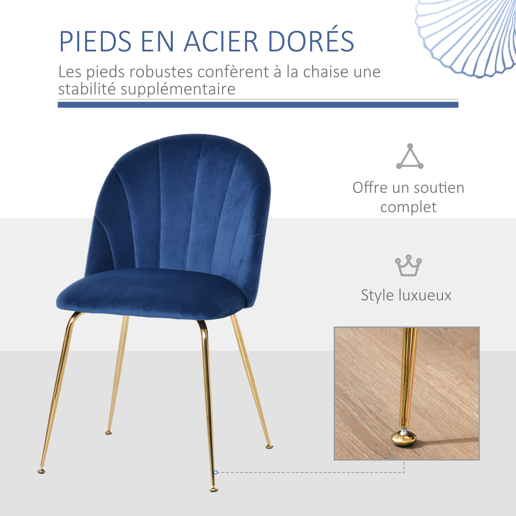 Lot de 2 chaises style art-déco dossier strié arrondi piètement métal doré incliné effilé velours bleu roi