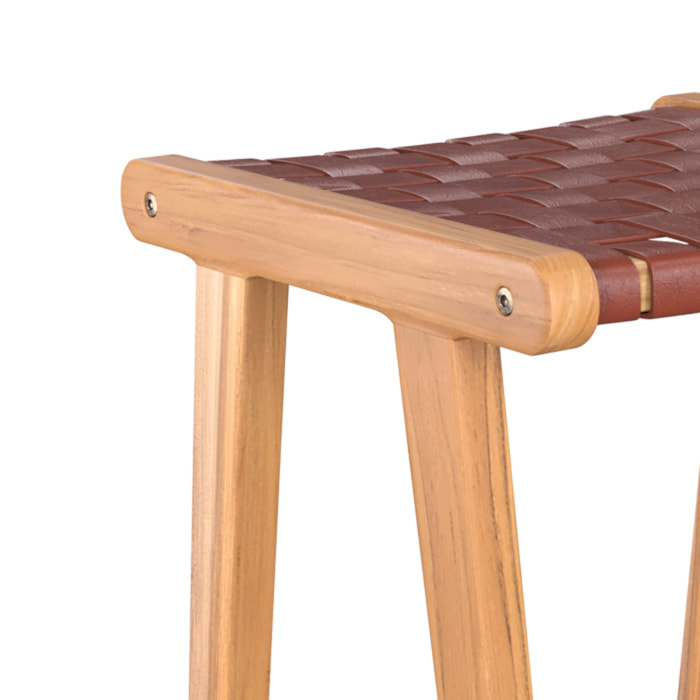 Tabouret pour îlot central 67 cm en teck et cuir tressé marron - Yuma
