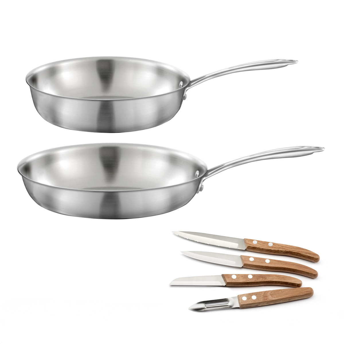 Gourmet - Set composto da 1 padella in acciaio inox 28 cm, 1 casseruola saltapasta 24 cm, 1 cofanetto con 4 coltelli da cucina