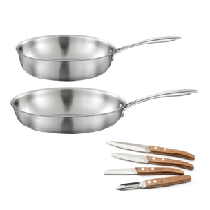 Gourmet - Set composto da 1 padella in acciaio inox 28 cm, 1 casseruola saltapasta 24 cm, 1 cofanetto con 4 coltelli da cucina
