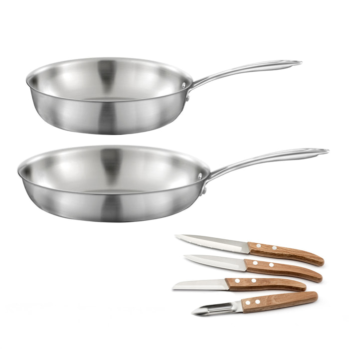Gourmet - Set composto da 1 padella in acciaio inox 28 cm, 1 casseruola saltapasta 24 cm, 1 cofanetto con 4 coltelli da cucina