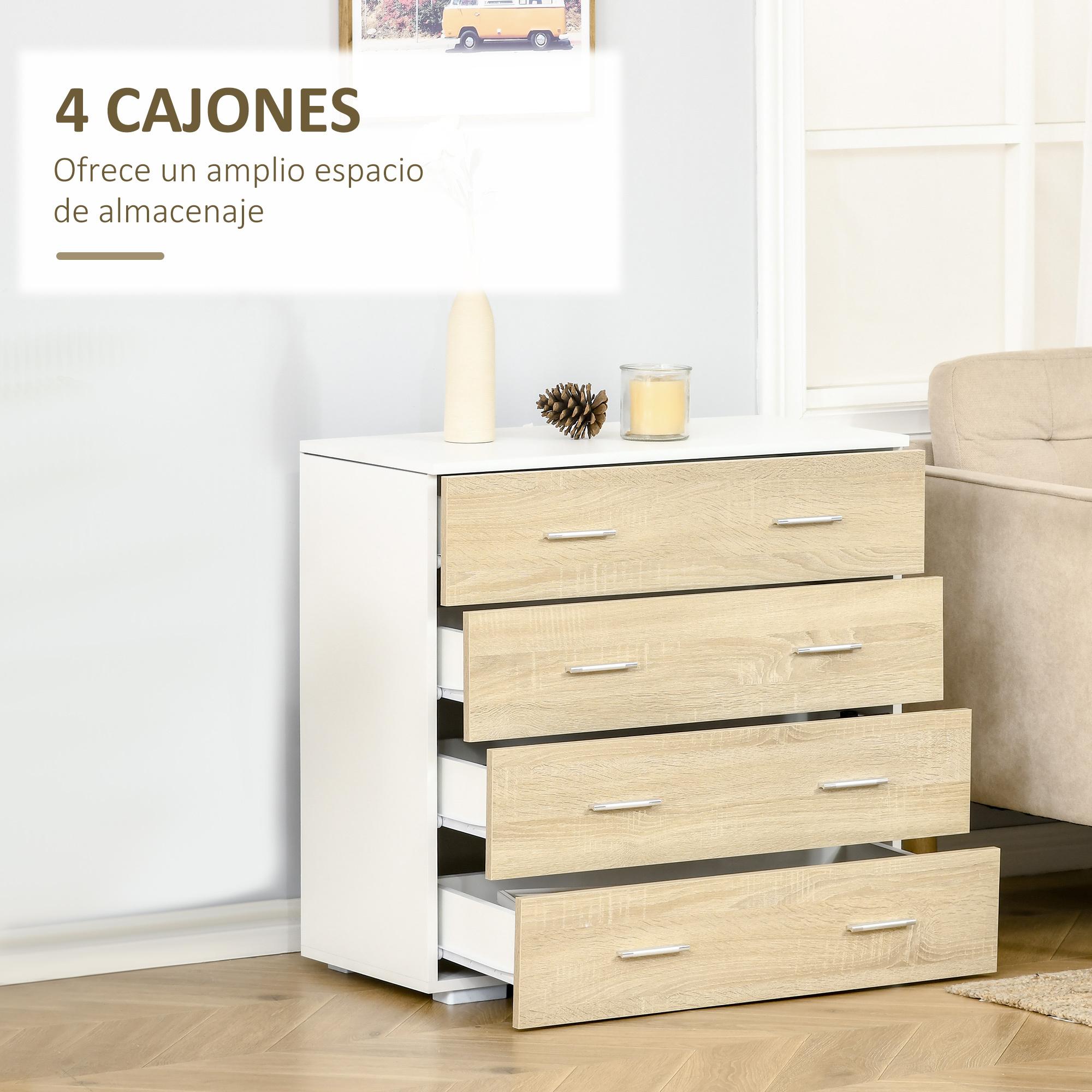 Cómoda con 4 Cajones Cajonera Auxiliar de Almacenaje Moderna para Dormitorio Pasillo Sala de Estar 76x35x72 cm Acabado en Color Roble y Blanco