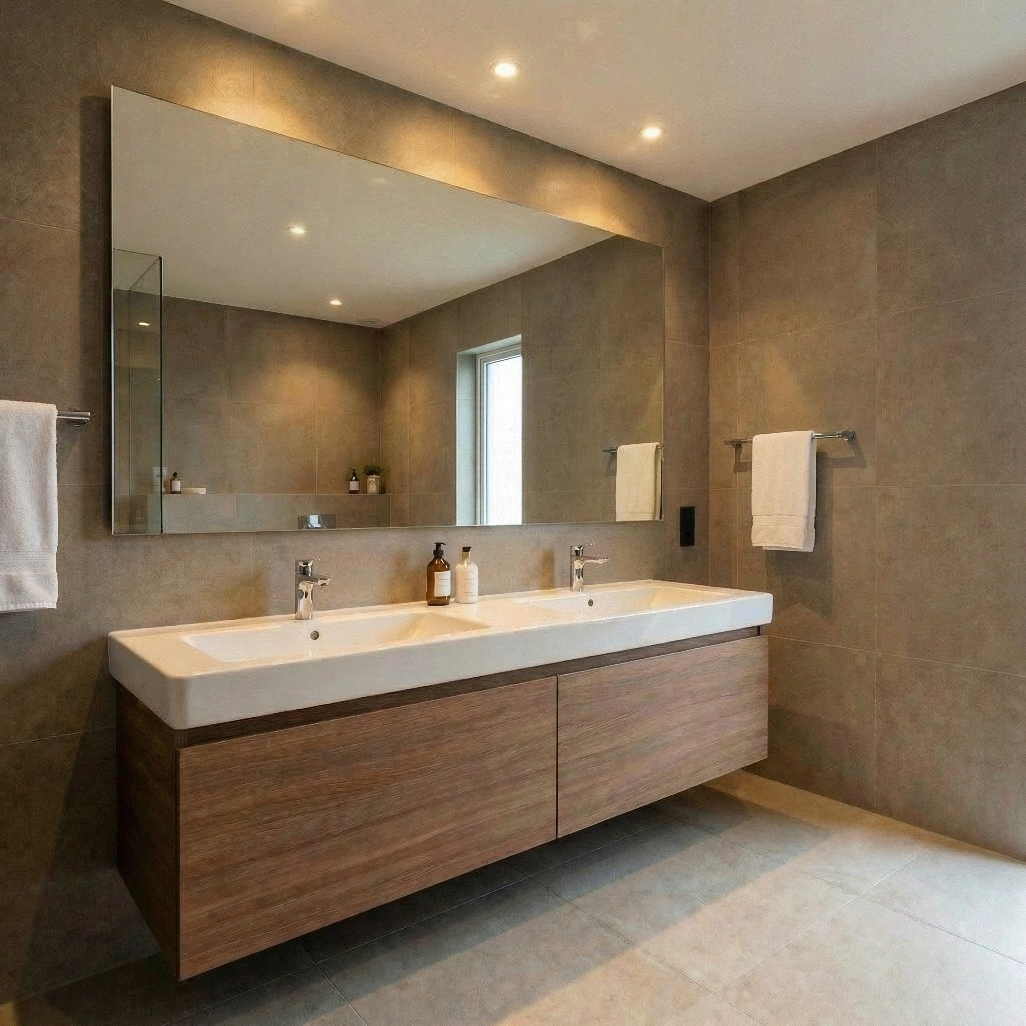 Lavabo double Pavia en marbre coulé blanc 120×49×5 cm – 2 trous pour la robinetterie, avec trop-plein (PA12049)