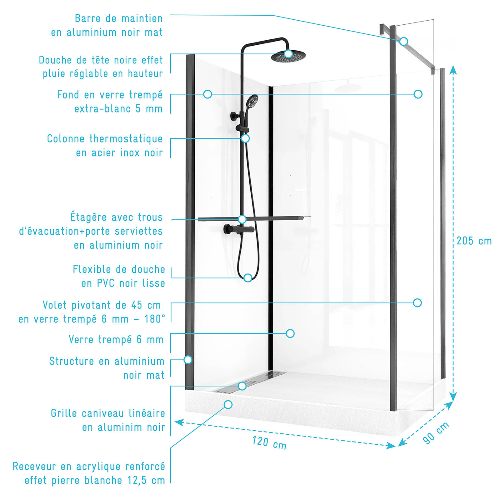 Cabine de Douche à l'Italienne 120x90 - Colonne Thermostatique Noire et Receveur Haut Effet Pierre