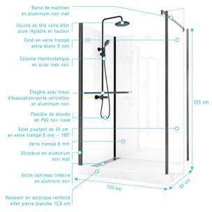 Cabine de Douche à l'Italienne 120x90 - Colonne Thermostatique Noire et Receveur Haut Effet Pierre