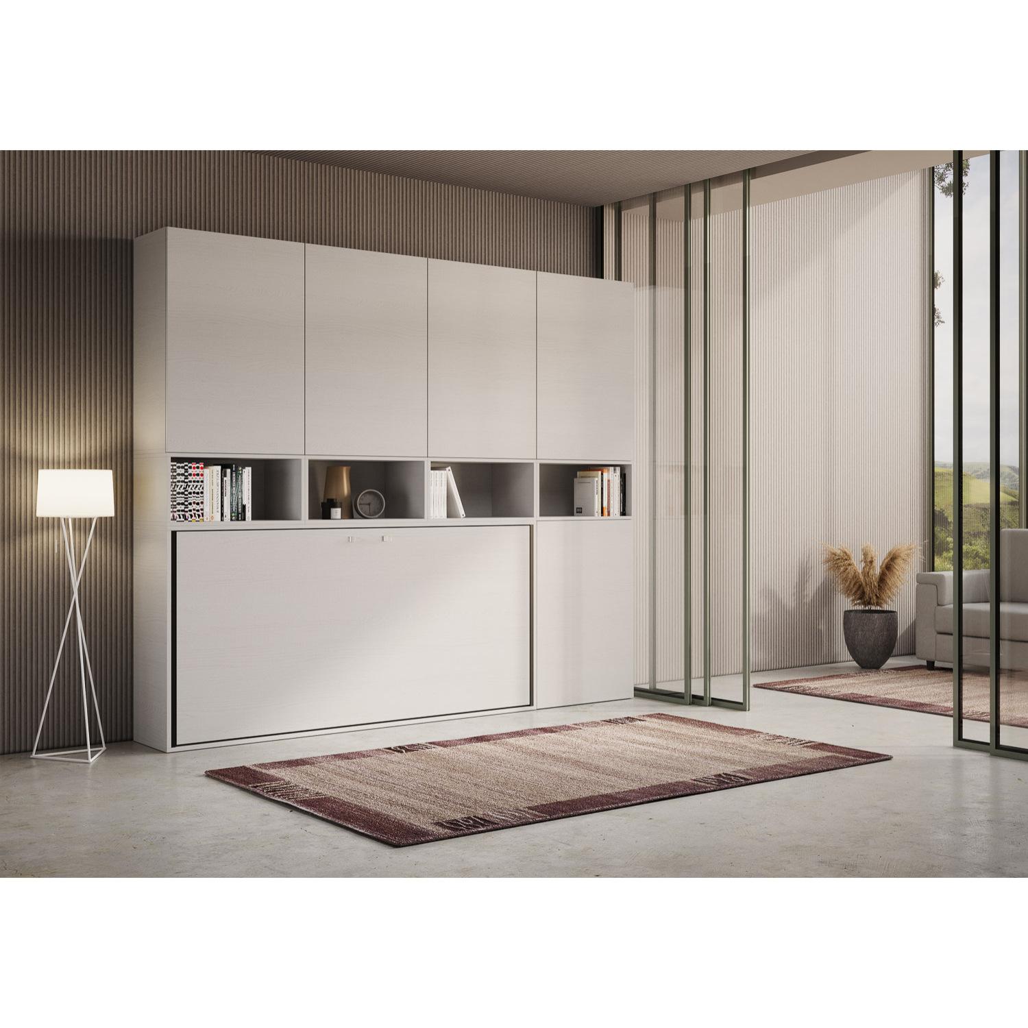 Armoire lit escamotable horizontal 1 couchage 85 Kando avec matelas composition C Frêne Blanc