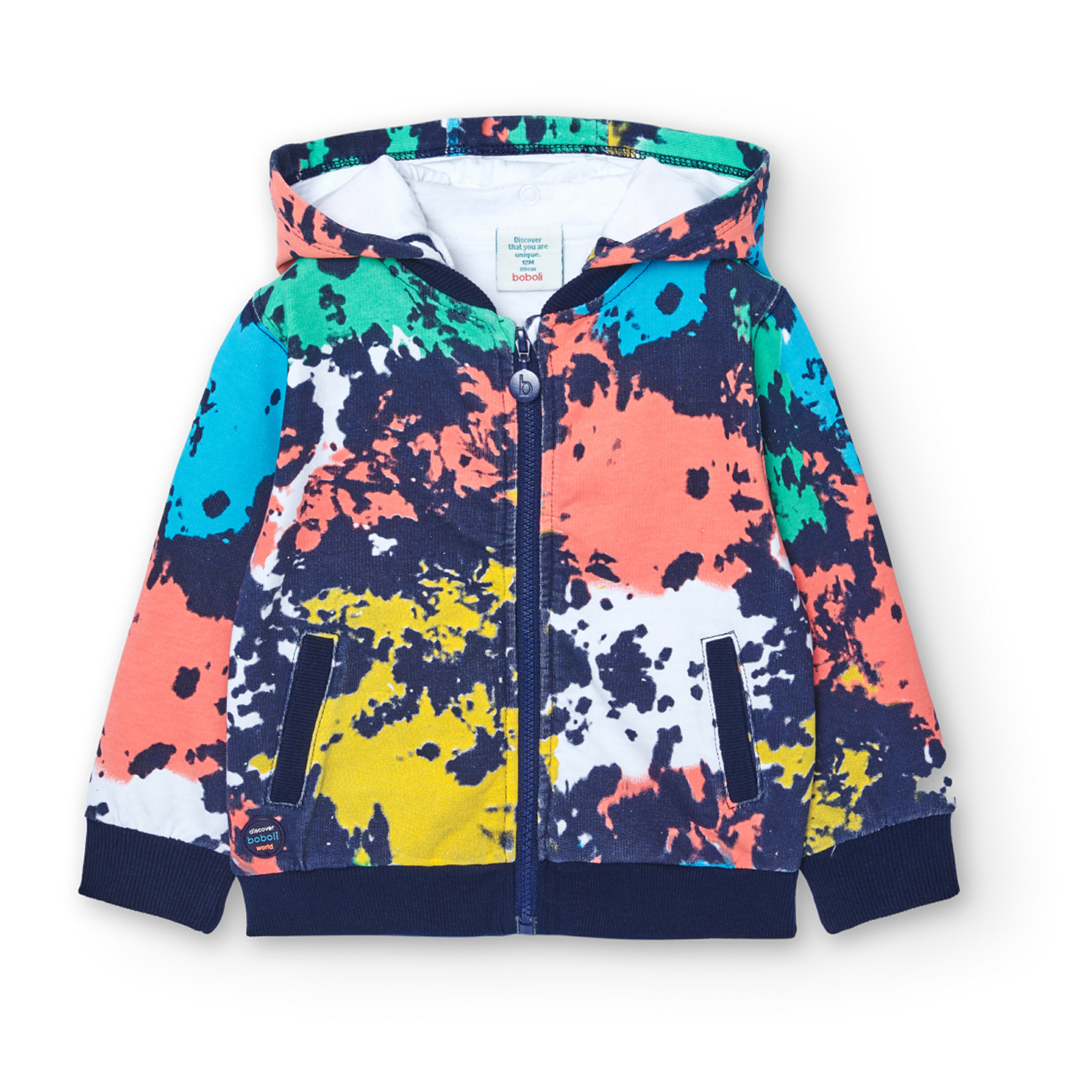 Chaqueta felpa niÃ±o, capucha desmontable estampada, azul