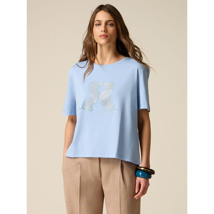 Oltre - T-shirt maniche corte con applicazioni - Azzurro