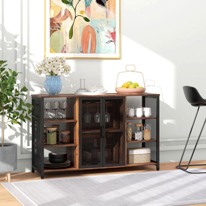 HOMCOM Aparador de Cocina Industrial Mueble Buffet Auxiliar con 6 Estantes Abiertos Porta Copas y Estante Ajustable para Bar Comedor 120x40x76 cm Marrón Rústico