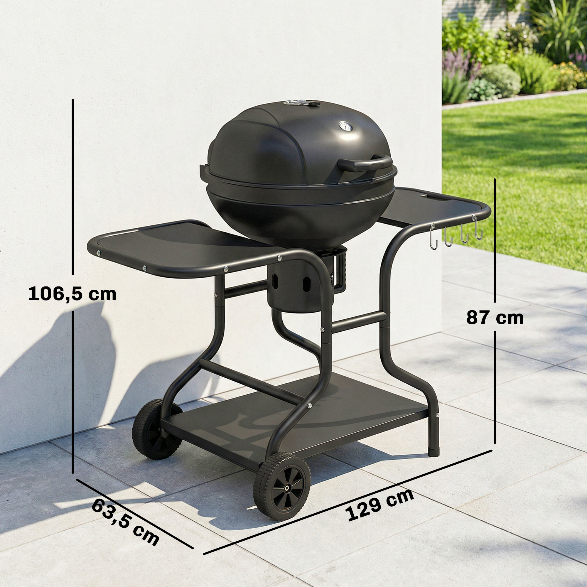Barbecue à charbon rond mobile avec couvercle thermomètre 2 grilles 3 étagères