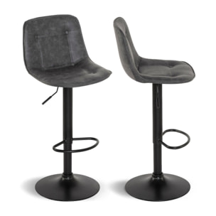 Tabourets de bar Brooklyn assise effet cuir vieilli gris et pieds métal - lot de 2
