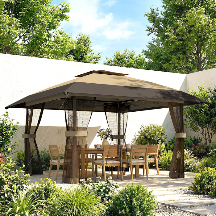 Carpa Plegable 4x4 m, Pop-up, con Doble Techo, 4 Paredes Laterales de Malla, Cenador de Jardín con Altura Ajustable 3 Niveles, Bolsa de Transporte, UPF30+, Gazebo para Camping, Fiestas, Caqui