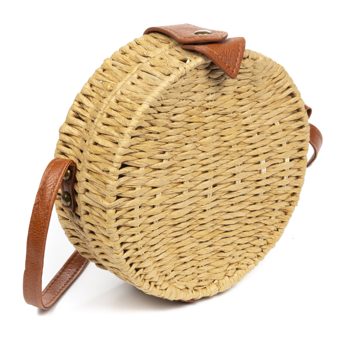 IRIA QUINTANA Borsa a tracolla da donna Cuneo. Tessuto Paglia Pelle Sintetica PU 18x4x18 Cm. Beige