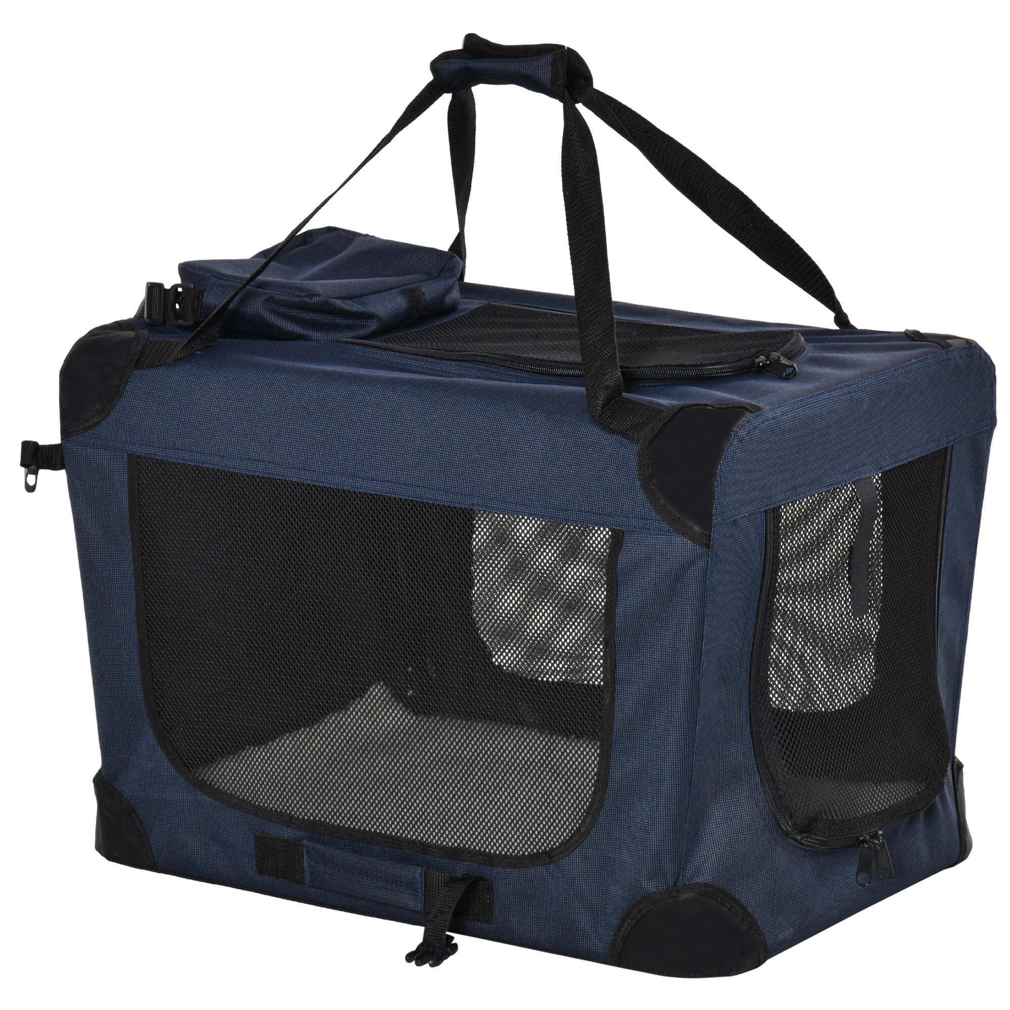 Transportín Perro Gato Bolsa de Transporte Portátil y Transpirable para Mascotas Plegable con Cojín 3 Puertas y Ventana de Malla 2 Bolsillos 60x41,5x41 cm Azul Oscuro