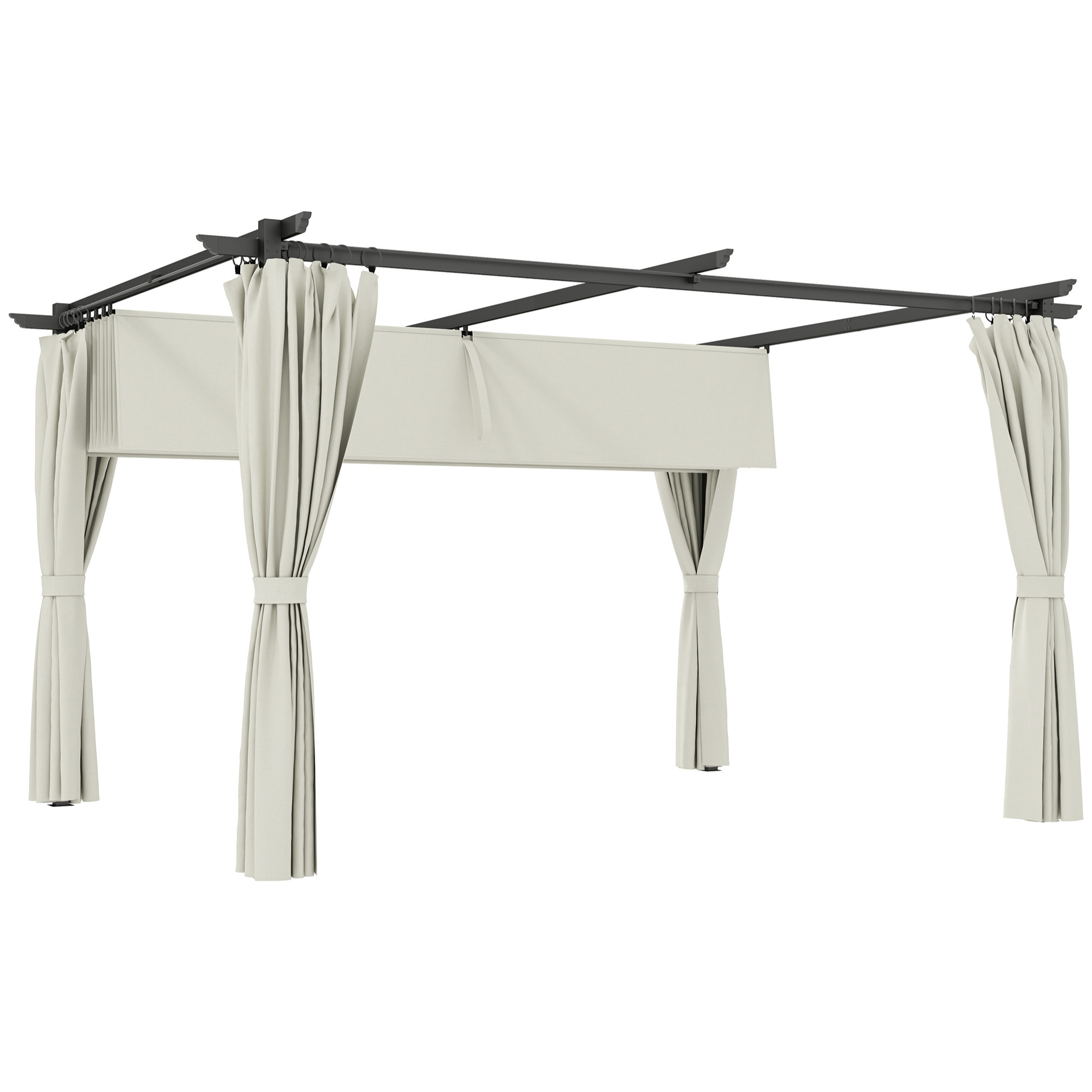 Pergola 3 x 3 m toile toit rétractable 4 rideaux ajustables métal noir polyester haute densité 180g/m² crème