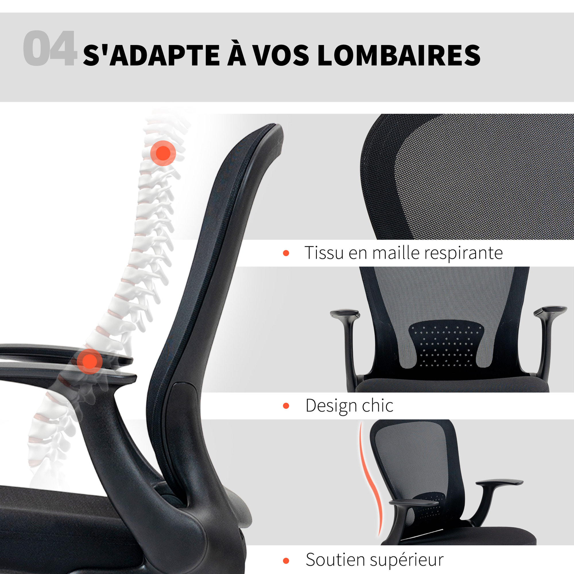 Chaise bureau ergonomique assise haute réglable 54-74cm pivotant 360° accoudoirs relevables maille respirante noir