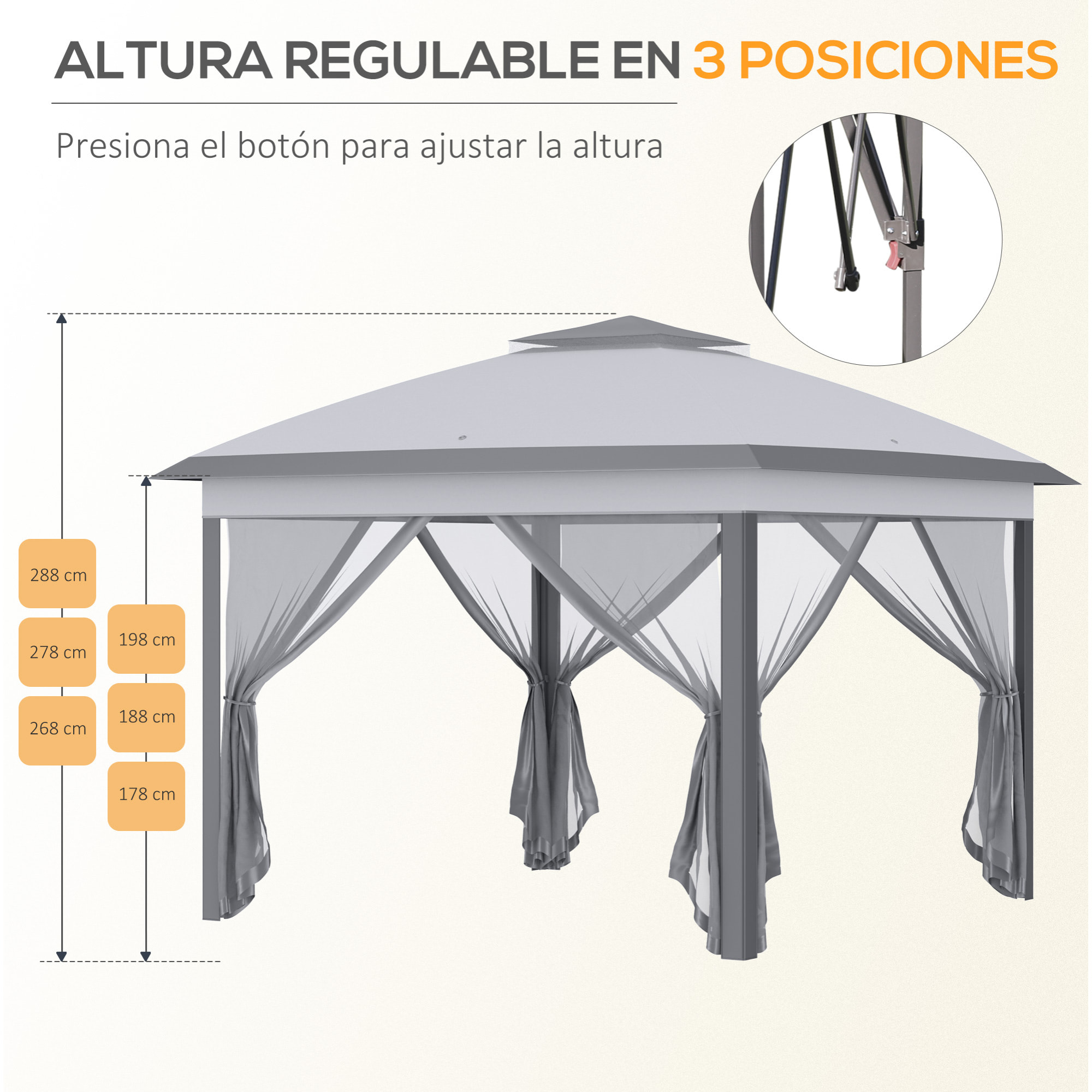 Carpa Plegable 3,3x3,3 m Altura Ajustable en 3 Niveles Cenador de Jardín con Doble Techo 4 Mosquiteras Extraíbles y Bolsa de Transporte para Camping Fiestas Gris