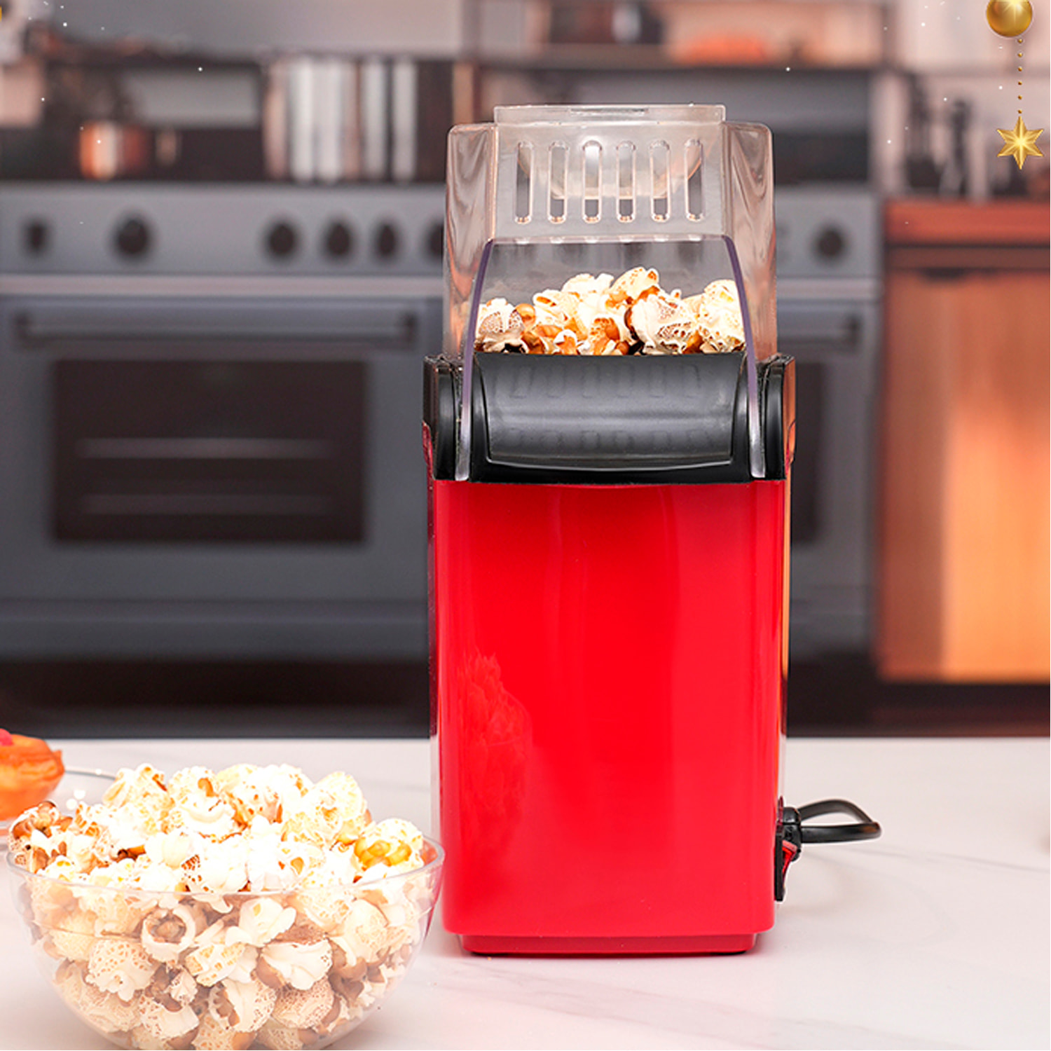 Macchina per popcorn elettrica da 1200W con aria calda, veloce e senza olio, ideale per preparare popcorn salutari.